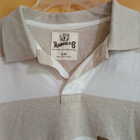 Roebuck & Co Polo Shirt Mens Large TAN White Striped Short Sleeve NWT - Picture 10 of 16